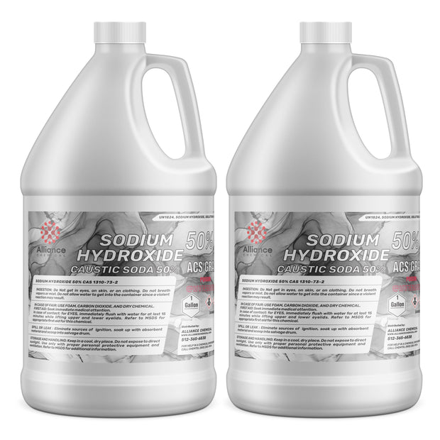 Two 1-gallon HDPE jugs of Alliance Chemical Sodium Hydroxide 50% Solution ACS Grade with white screw caps.