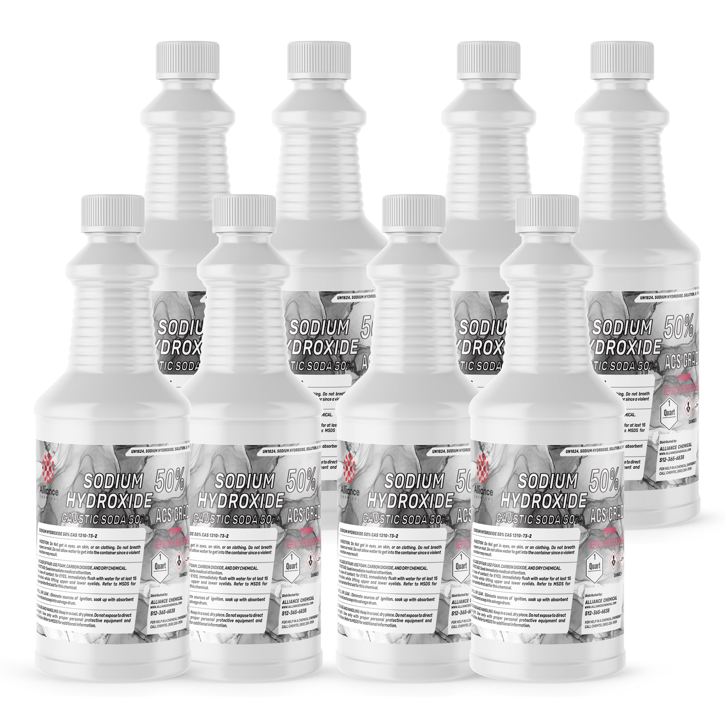 8 quart bottles of 50% Sodium Hydroxide solution (ACS grade), white plastic containers with safety caps, hazard warning labels, caustic soda markings.