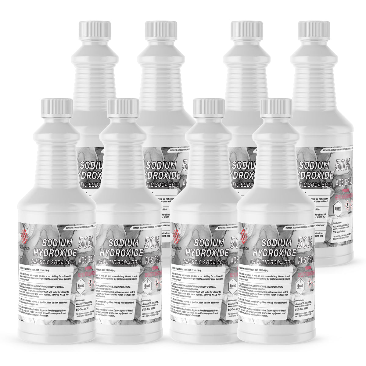 Nine 1-quart plastic bottles of Alliance Chemical Sodium Hydroxide 50% Solution ACS Grade with white caps and product labels