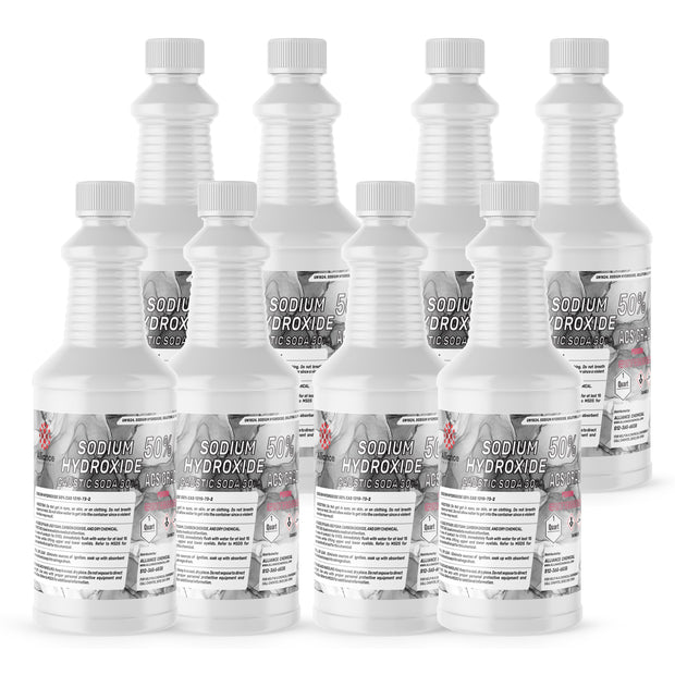 Nine 1-quart plastic bottles of Alliance Chemical Sodium Hydroxide 50% Solution ACS Grade with white caps and product labels