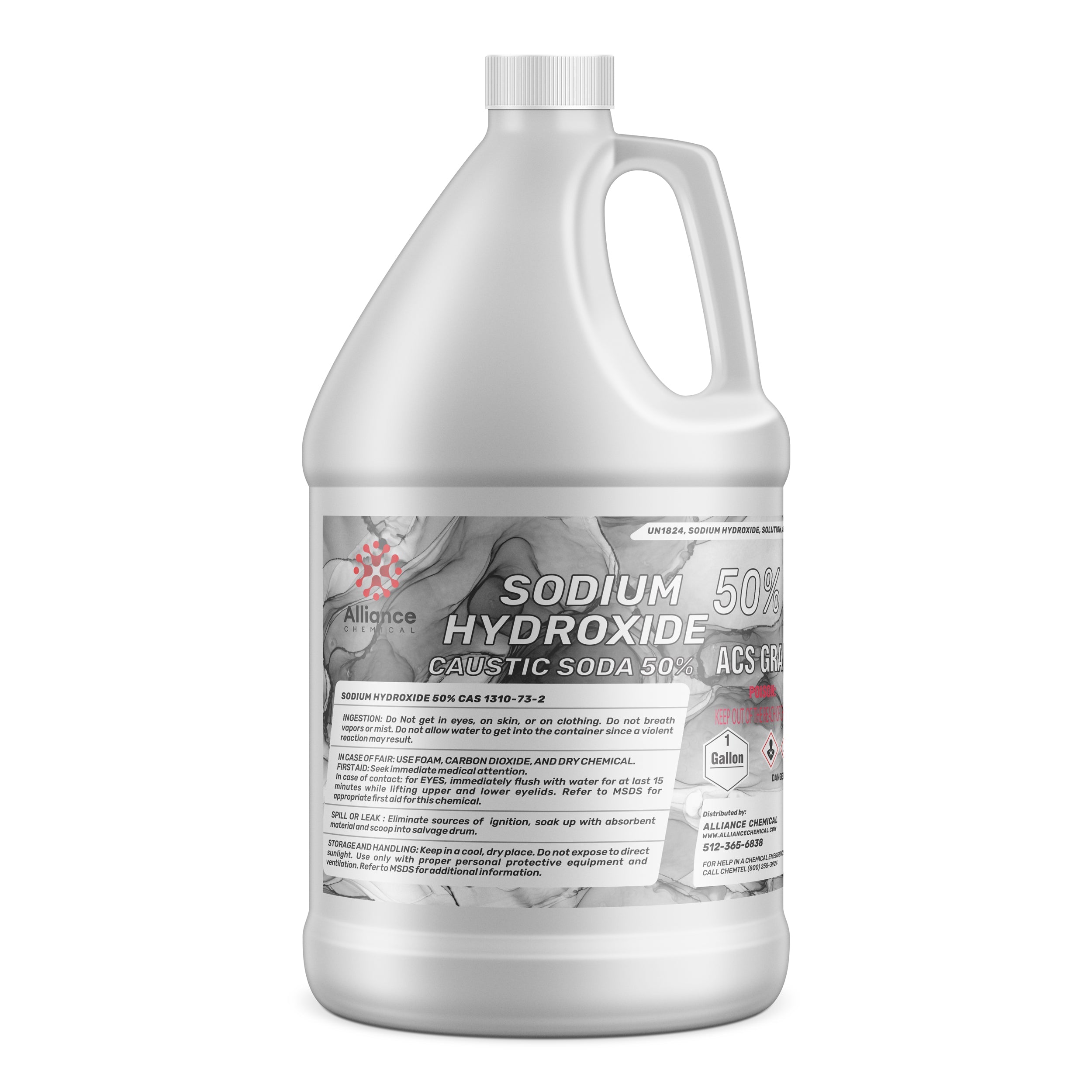 One-gallon HDPE jug of 50% Sodium Hydroxide (Caustic Soda) ACS grade, with hazard warning label, safety instructions, and Alliance Chemical branding.