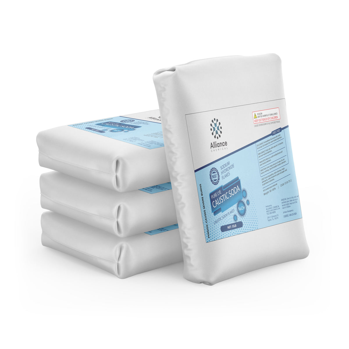 Four 55-lb bags of Alliance Chemical Sodium Hydroxide Flakes with labels showing the Alliance Chemical logo.