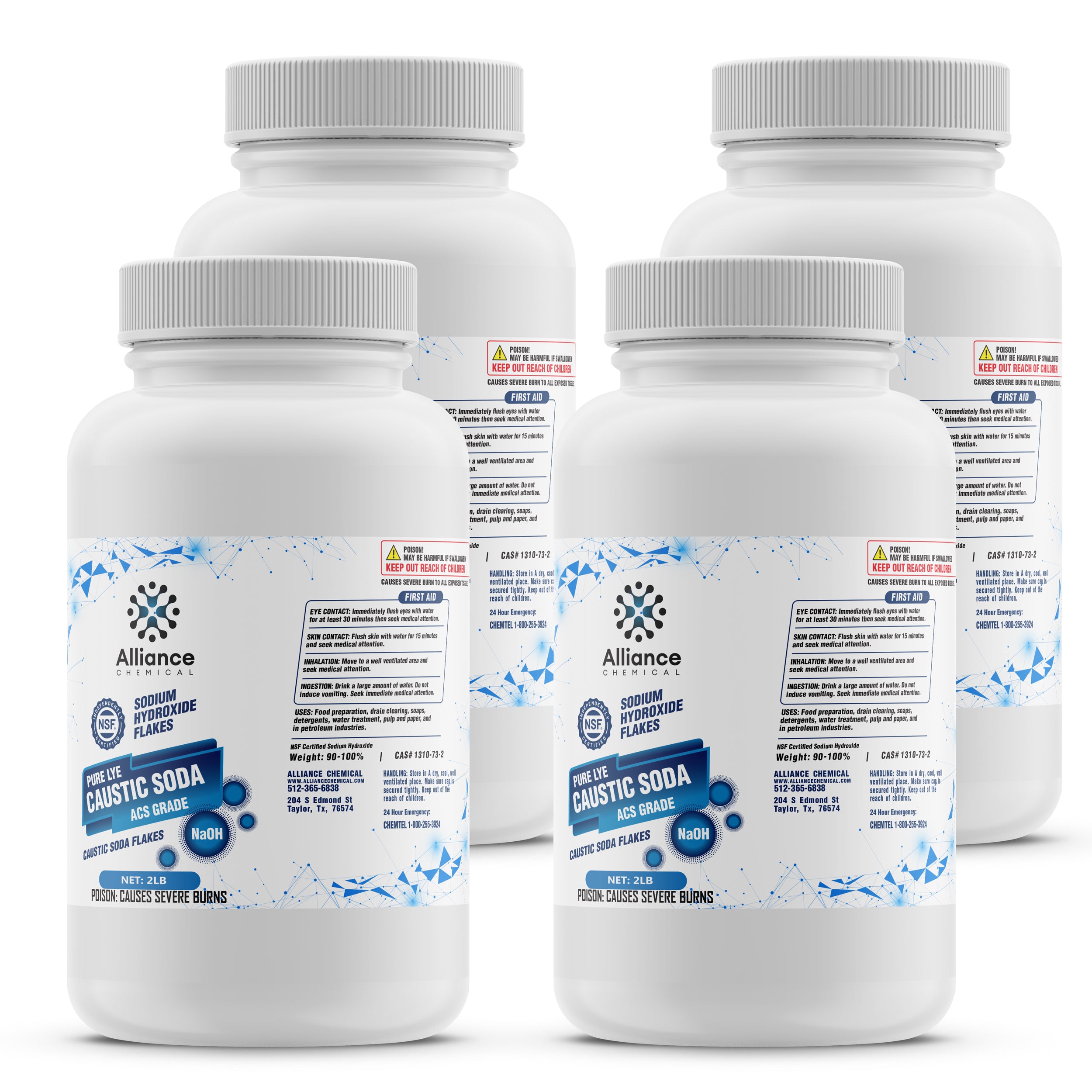 2-lb Caustic Soda Flakes (NaOH), ACS-grade, in white HDPE containers with safety warnings, Alliance Chemical, corrosive hazard symbol, 4-pack.