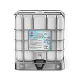 One 330-gallon plastic tote of Alliance Chemical Sodium Hydroxide 25% ACS Grade with a steel cage and a white cap.