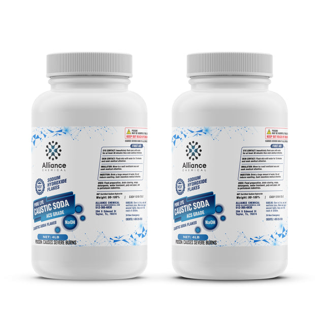 Two 4 lb plastic bottles of Alliance Chemical Sodium Hydroxide Flakes ACS Grade with white screw cap and product label.