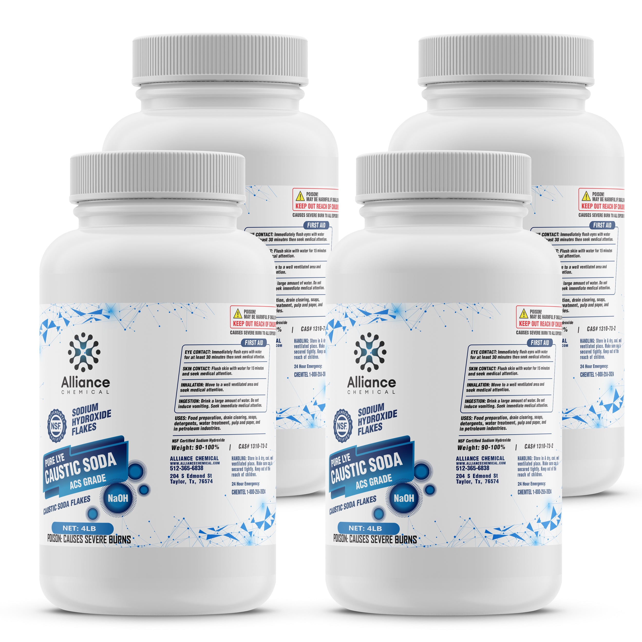 4-pound NSF-certified ACS grade sodium hydroxide (NaOH) flakes in white HDPE bottles with safety warnings, caustic soda labeling, 90-100% purity.