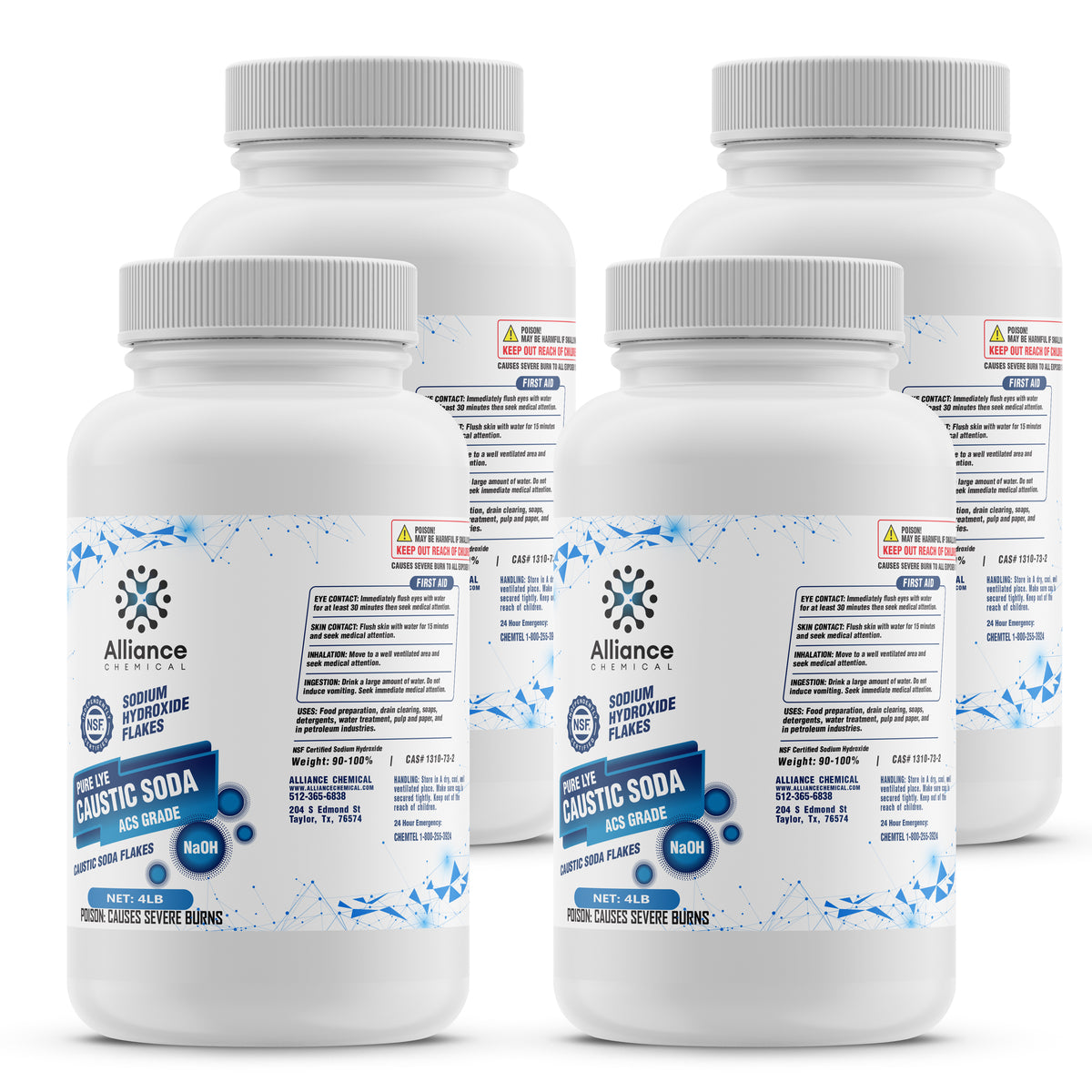 Four 4-lb plastic bottles of Alliance Chemical Sodium Hydroxide Flakes ACS Grade with white screw cap and product label.