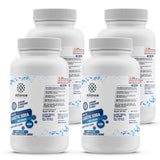 Four 4-lb plastic bottles of Alliance Chemical Sodium Hydroxide Flakes ACS Grade with white screw cap and product label.