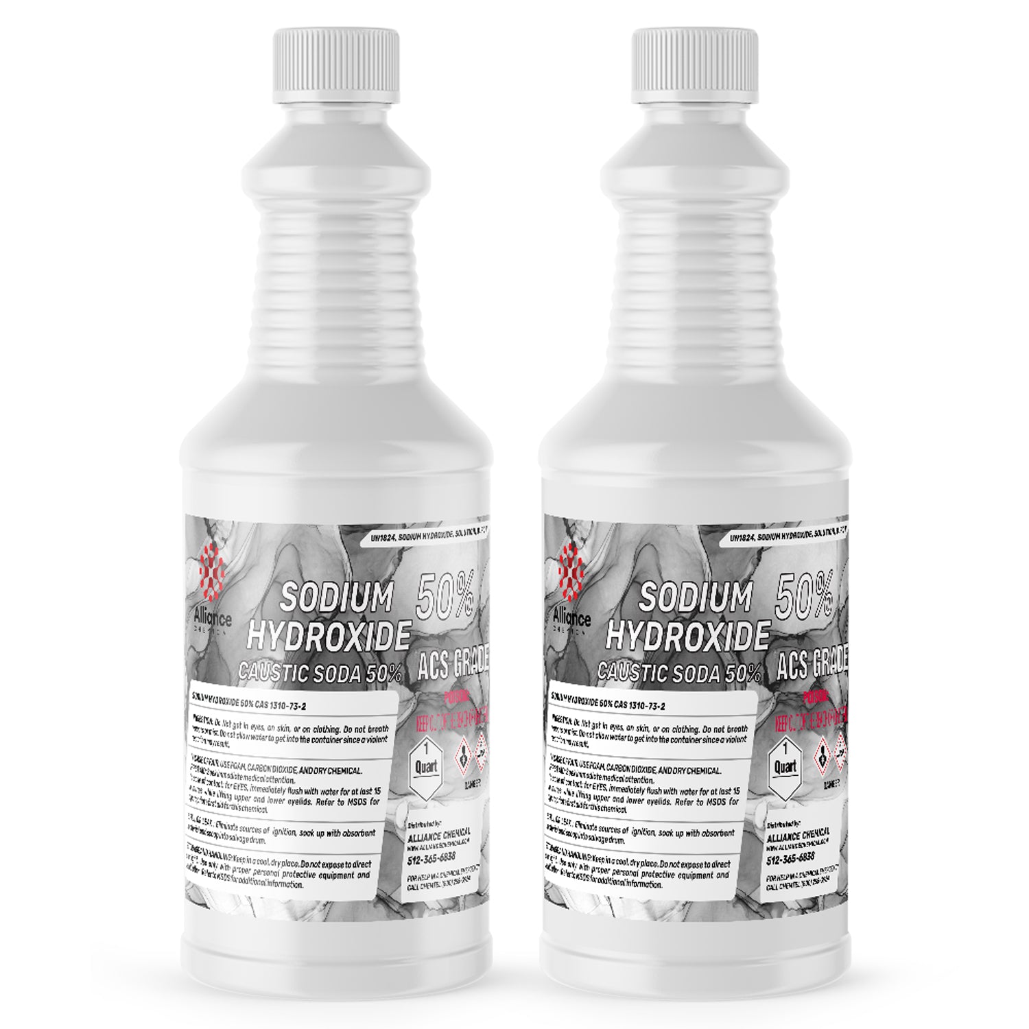 2-quart sodium hydroxide 50% ACS grade solution in white HDPE bottles with hazard warnings, caustic soda labeling, GHS pictograms.