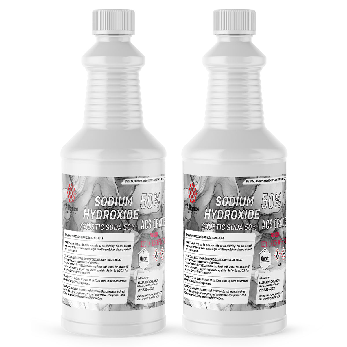 Two 1-quart HDPE bottles of Alliance Chemical Sodium Hydroxide 50% Solution ACS Grade with white caps and labels.