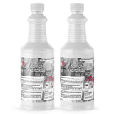 Two 1-quart HDPE bottles of Alliance Chemical Sodium Hydroxide 50% Solution ACS Grade with white caps and labels.