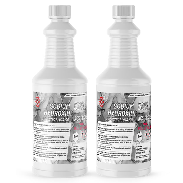 Two 1-quart HDPE bottles of Alliance Chemical Sodium Hydroxide 50% Solution ACS Grade with white caps and labels.