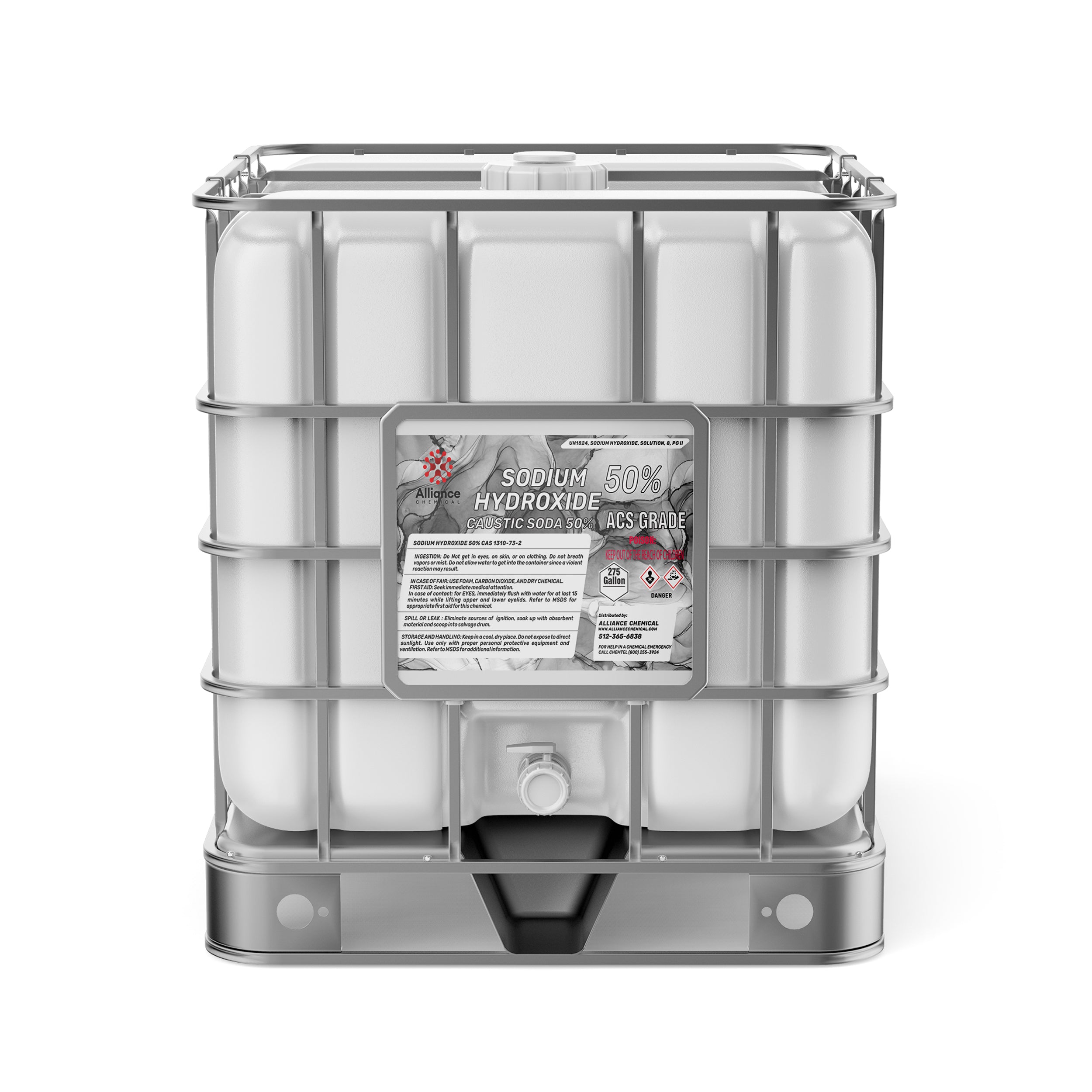 275-gallon IBC tote of 50% Sodium Hydroxide (Caustic Soda) ACS Grade, white container with metal cage frame, hazard warning label, industrial dispensing valve.