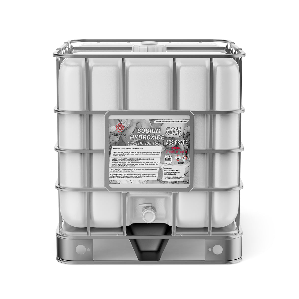 Alliance Chemical 275-gallon HDPE tote of Sodium Hydroxide 50% Solution ACS Grade with a metal cage and spigot.