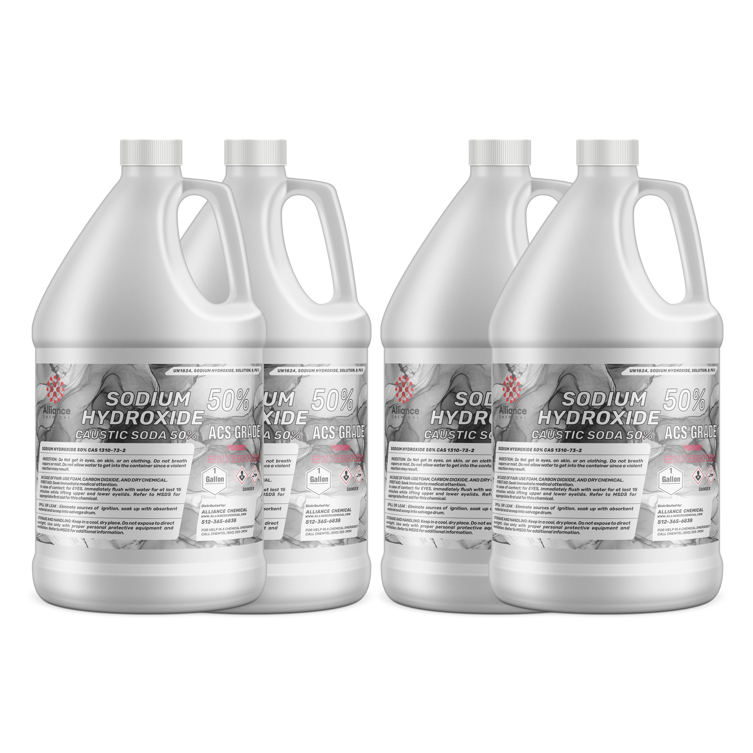 4x1-gallon bottles of 50% Sodium Hydroxide (Caustic Soda) ACS Grade solution in white HDPE containers with corrosive warning labels and safety data.