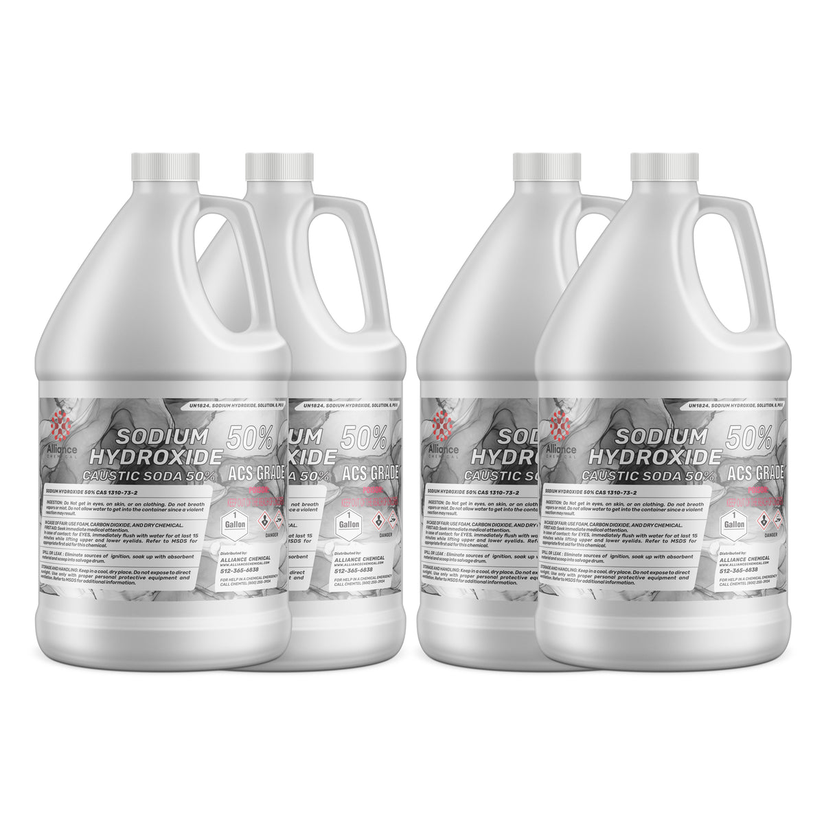 Four 1-gallon HDPE jugs of Alliance Chemical Sodium Hydroxide 50% Solution ACS Grade with white caps and labels