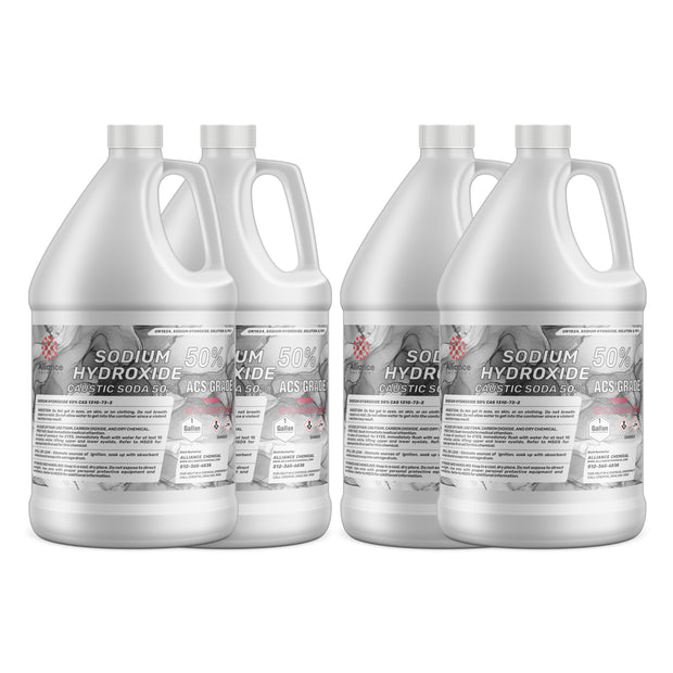 Four 1-gallon HDPE jugs of Alliance Chemical Sodium Hydroxide 50% Solution ACS Grade with white caps and labels