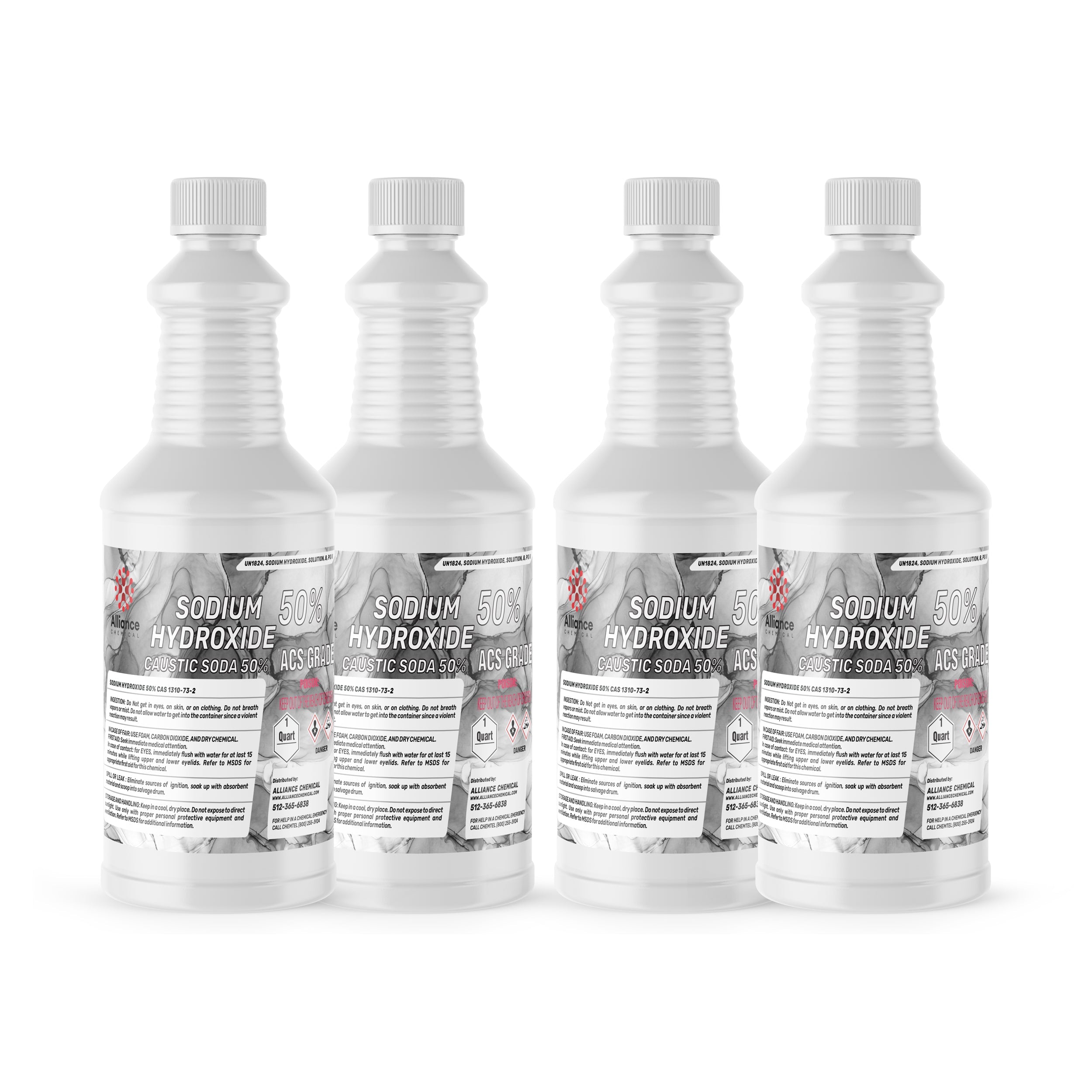 4-quart set of 50% Sodium Hydroxide ACS grade caustic soda solution in HDPE bottles with safety warnings and chemical hazard labels.