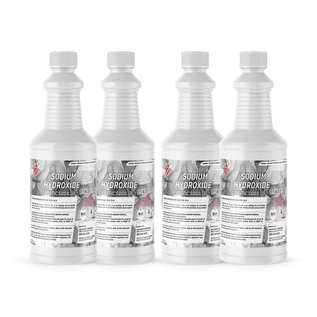 Four 1-Quart HDPE bottles of Alliance Chemical Sodium Hydroxide 50% Solution ACS Grade with white caps.