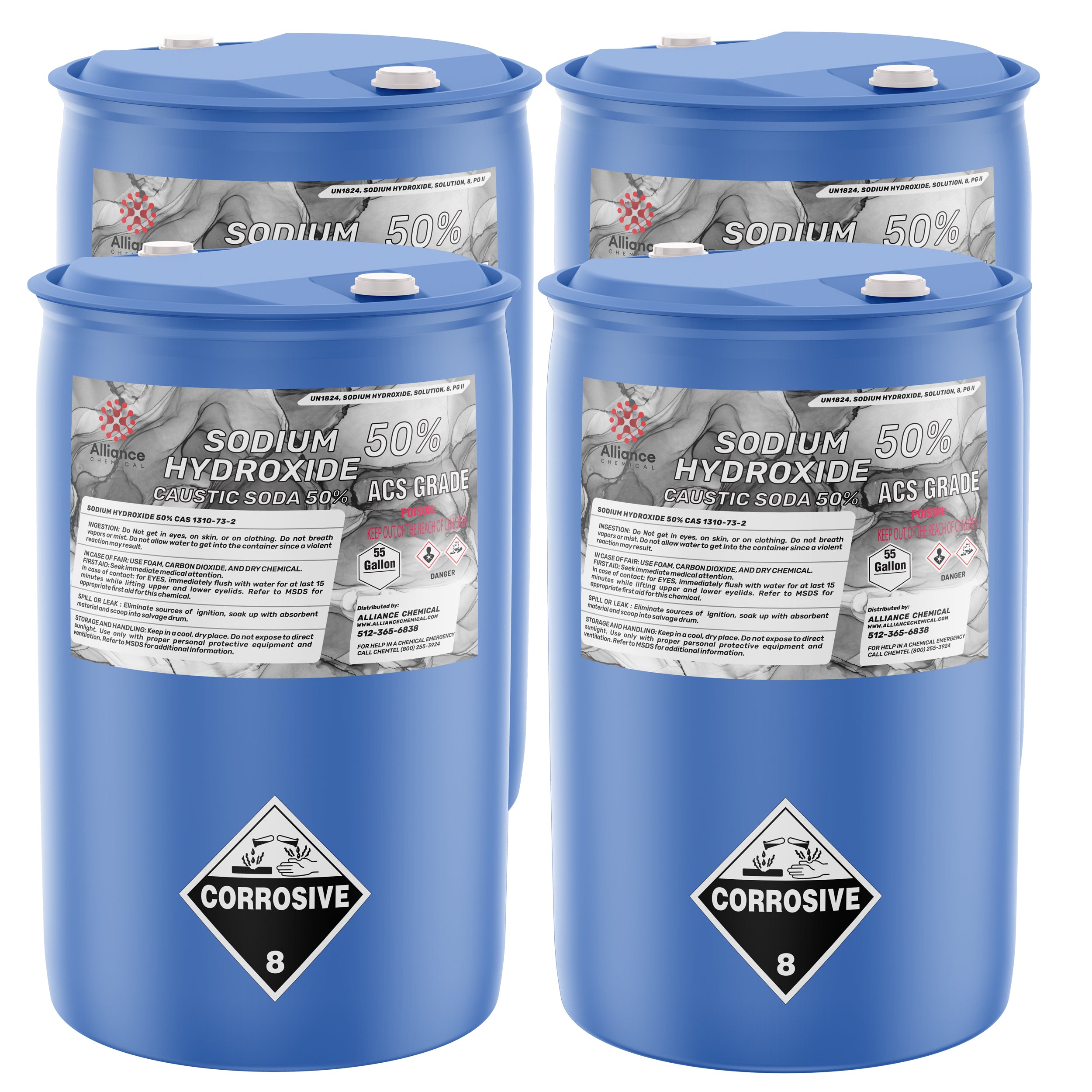 55-gallon blue drums of 50% Sodium Hydroxide ACS Grade (caustic soda), featuring corrosive warning labels, UN1824 classification, and Alliance Chemical branding.