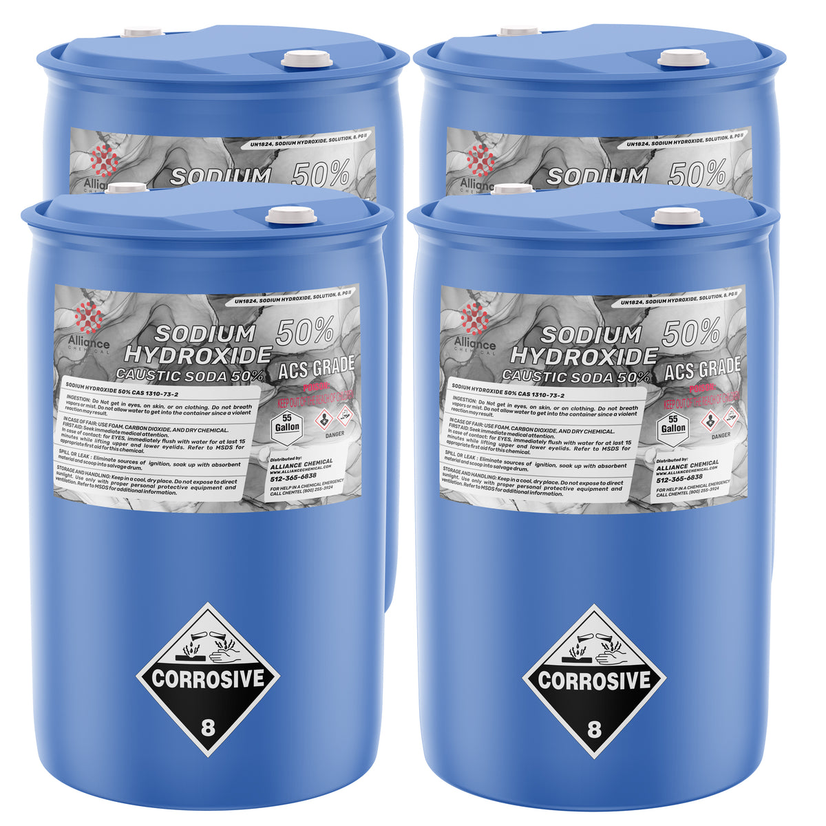 55-gallon blue drums of 50% Sodium Hydroxide ACS Grade (caustic soda) UN1824 classification, and Alliance Chemical branding
