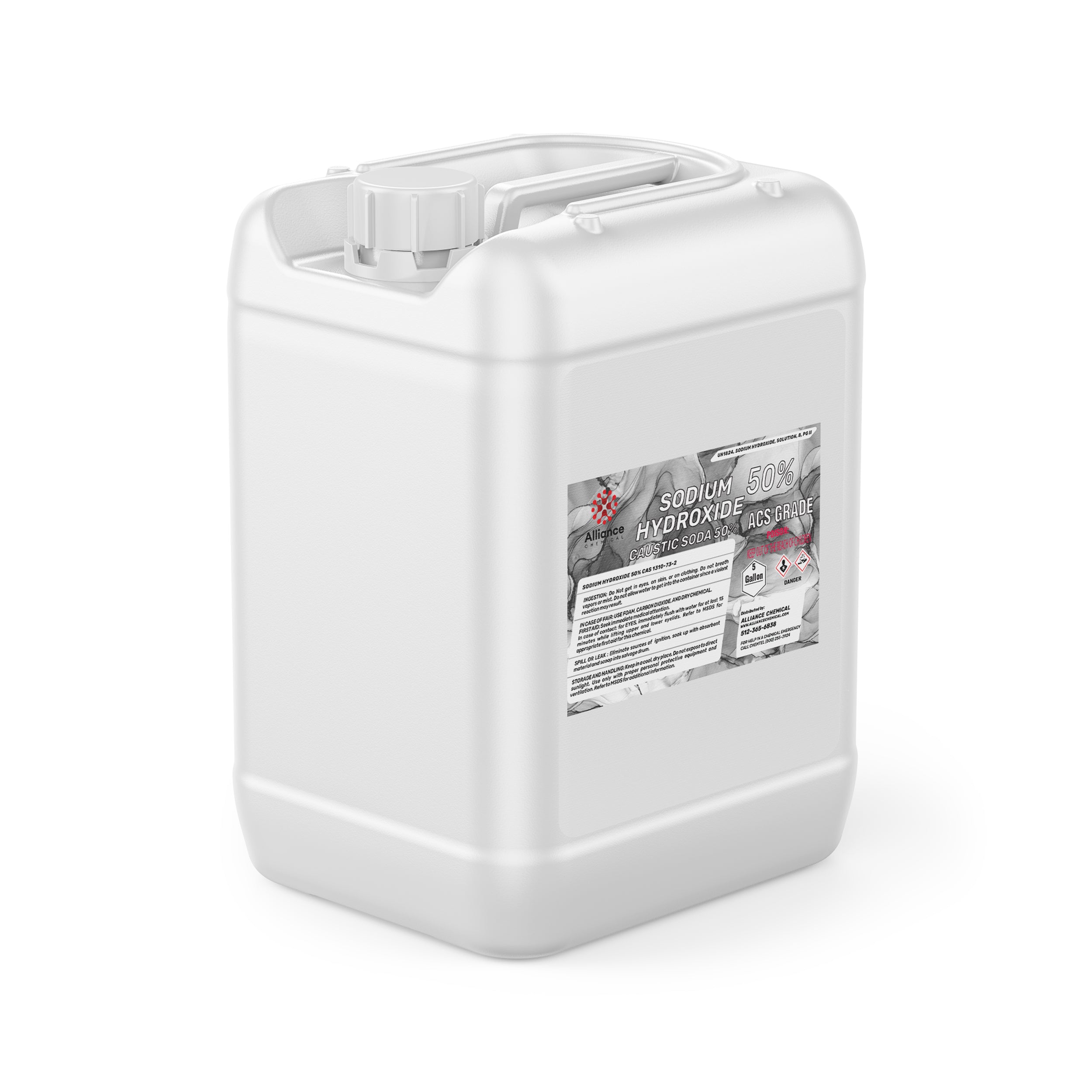 5-gallon white HDPE container of 50% Sodium Hydroxide (ACS Grade) solution with hazard warning label, screw-top cap, and industrial chemical classification.