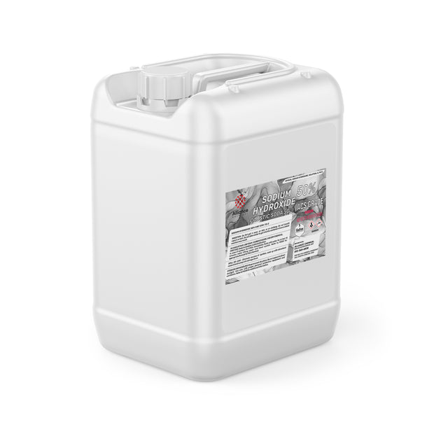 One 5-gallon HDPE jug of Alliance Chemical Sodium Hydroxide 50% Solution ACS Grade with a screw cap and handle.