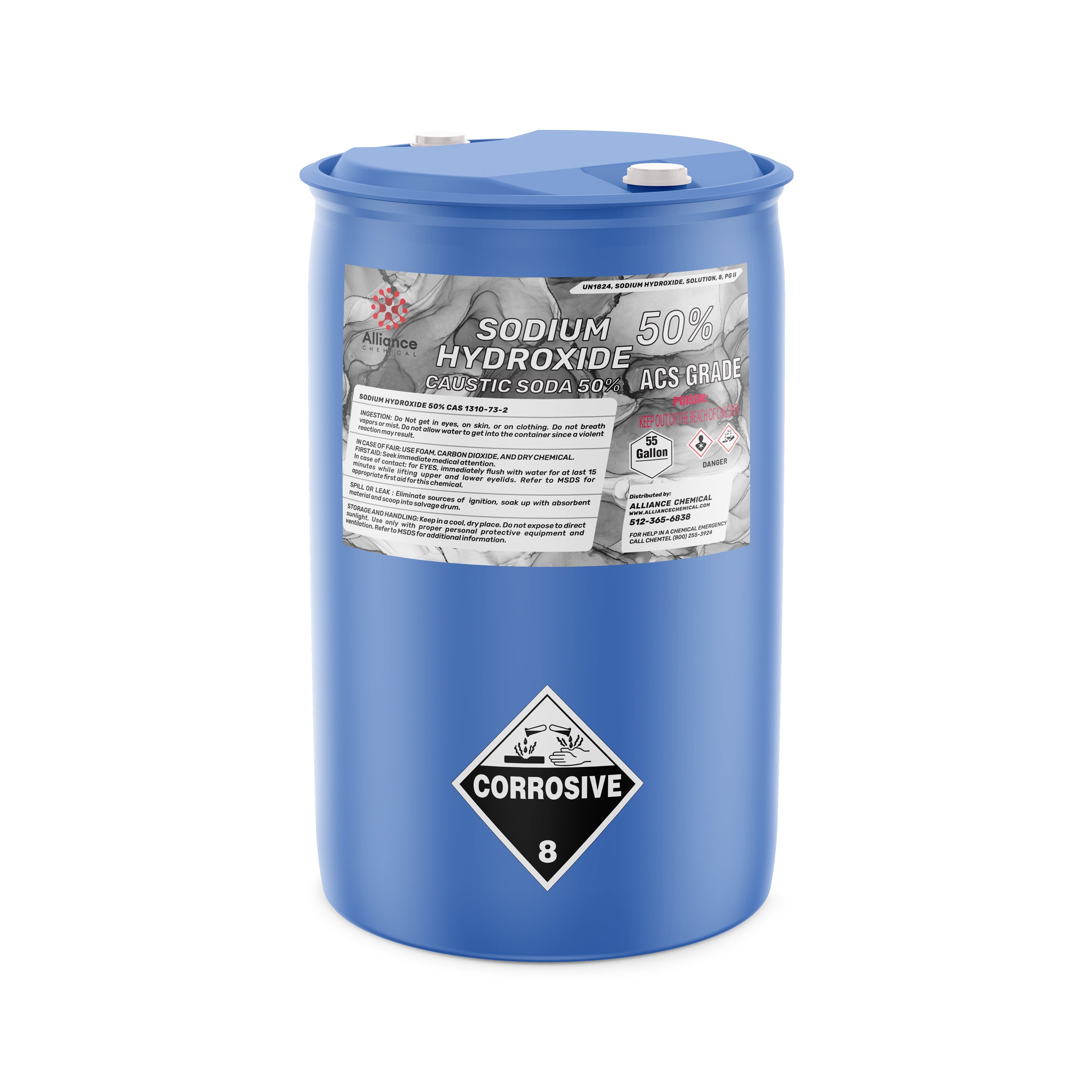 55-gallon blue HDPE drum of 50% Sodium Hydroxide ACS Grade solution with corrosive Class 8 warning label, Alliance Chemical product label, and secure lid closures.