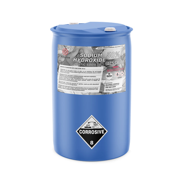 55-gallon HDPE drum of 50% Sodium Hydroxide ACS Grade solution with corrosive, Alliance Chemical product label, and secure