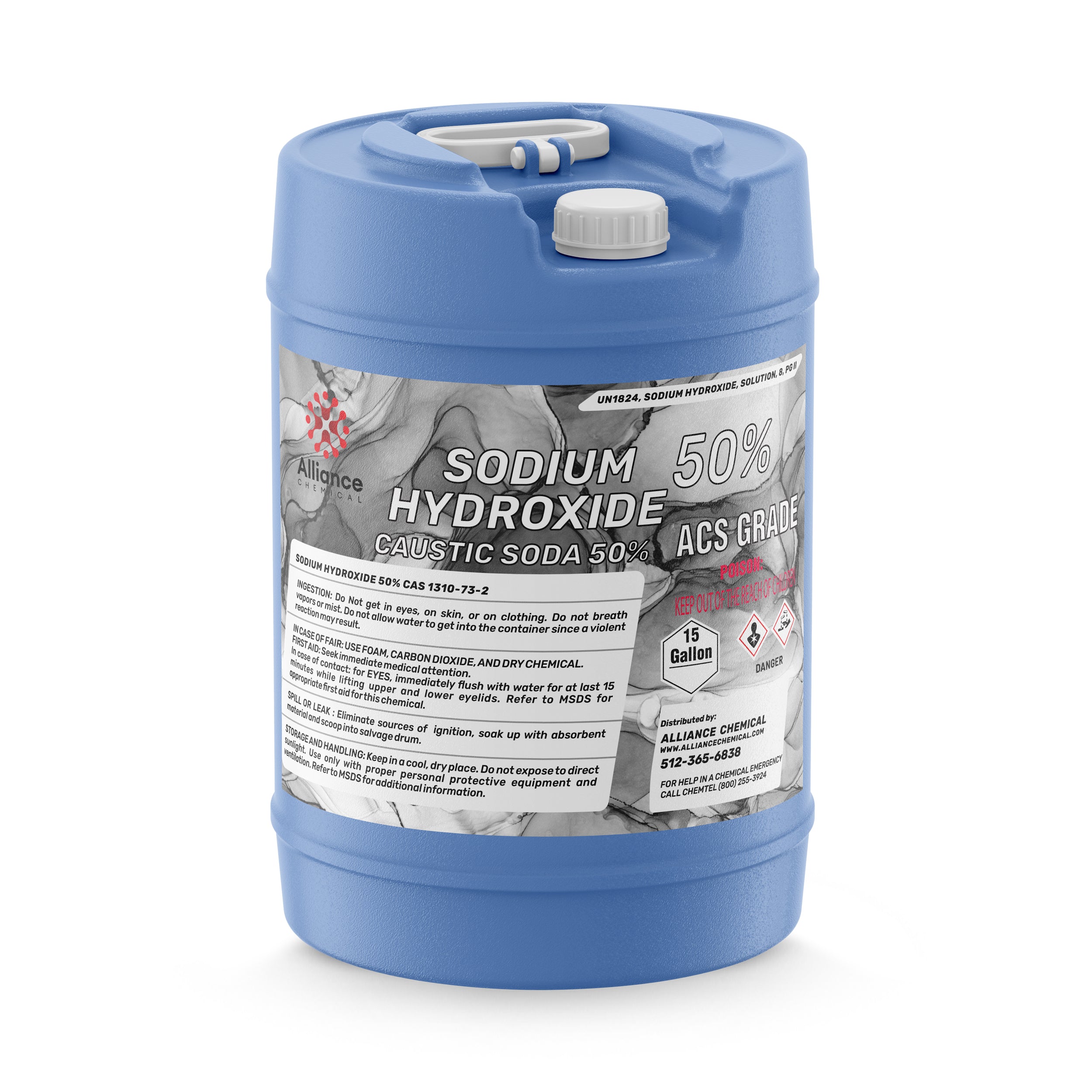 15-gallon blue HDPE carboy of 50% Sodium Hydroxide (Caustic Soda) ACS Grade with hazard warnings, UN1824 classification, and safety instructions.