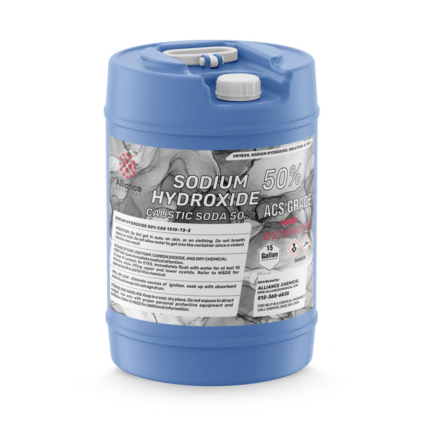 15-gallon HDPE jug of Alliance Chemical Sodium Hydroxide 50% Solution ACS Grade with white cap and handle.