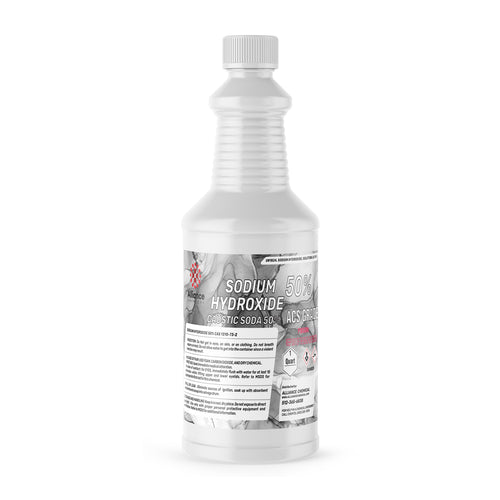 Alliance Chemical 1-quart plastic bottle of Sodium Hydroxide 50% Solution ACS Grade with ribbed neck and label.