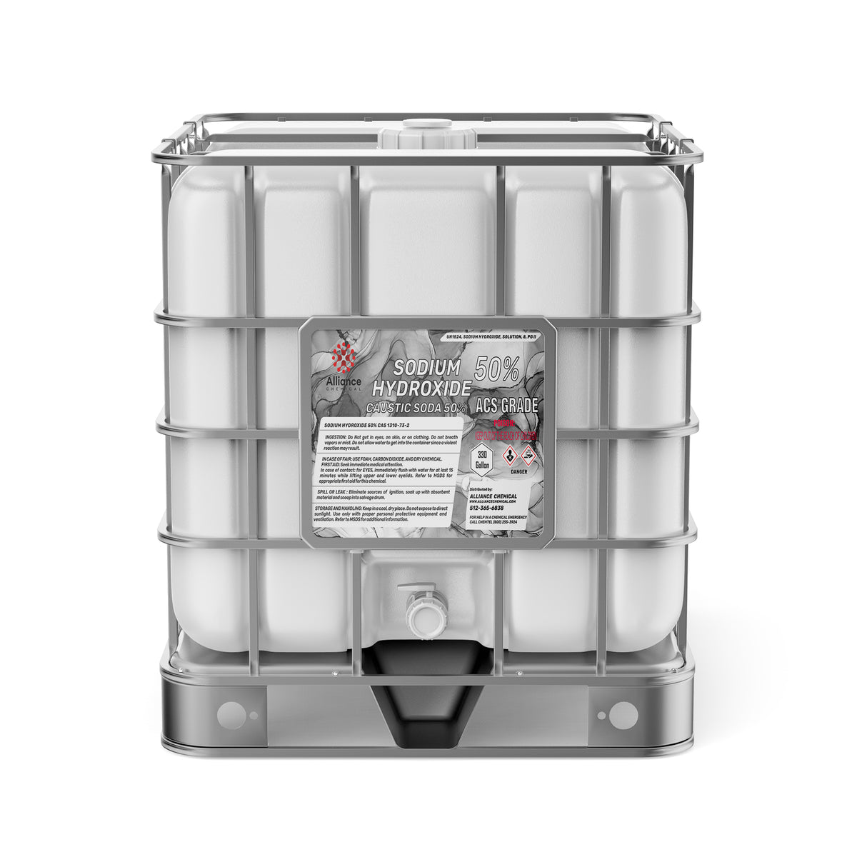 Alliance Chemical 330-gallon plastic tote of Sodium Hydroxide 50% Solution ACS Grade with steel cage and label.