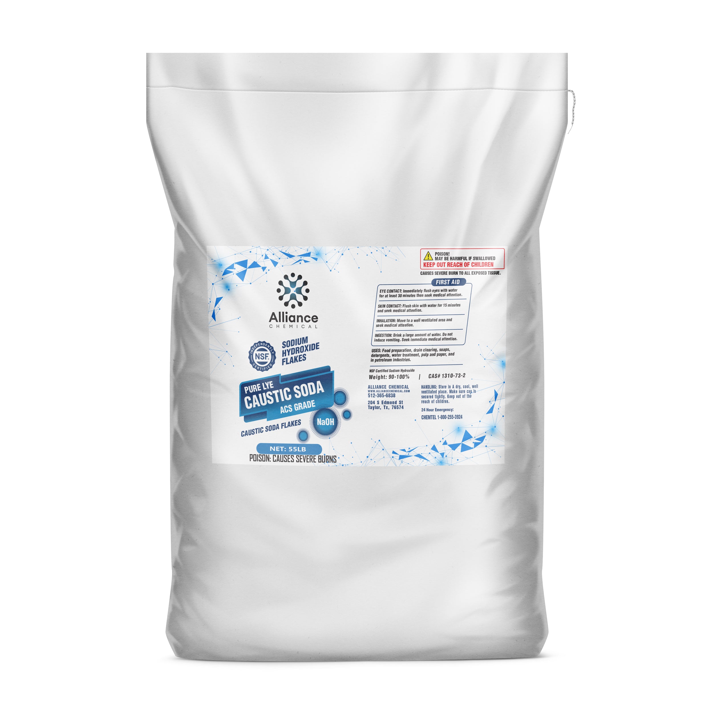 55lb bag of ACS-grade sodium hydroxide (NaOH) caustic soda flakes by Alliance Chemical, NSF-certified, with poison/severe burns warning label and first aid information.