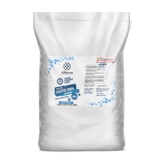 One 55-lb bag of Alliance Chemical Sodium Hydroxide Flakes ACS Grade with a white woven material.