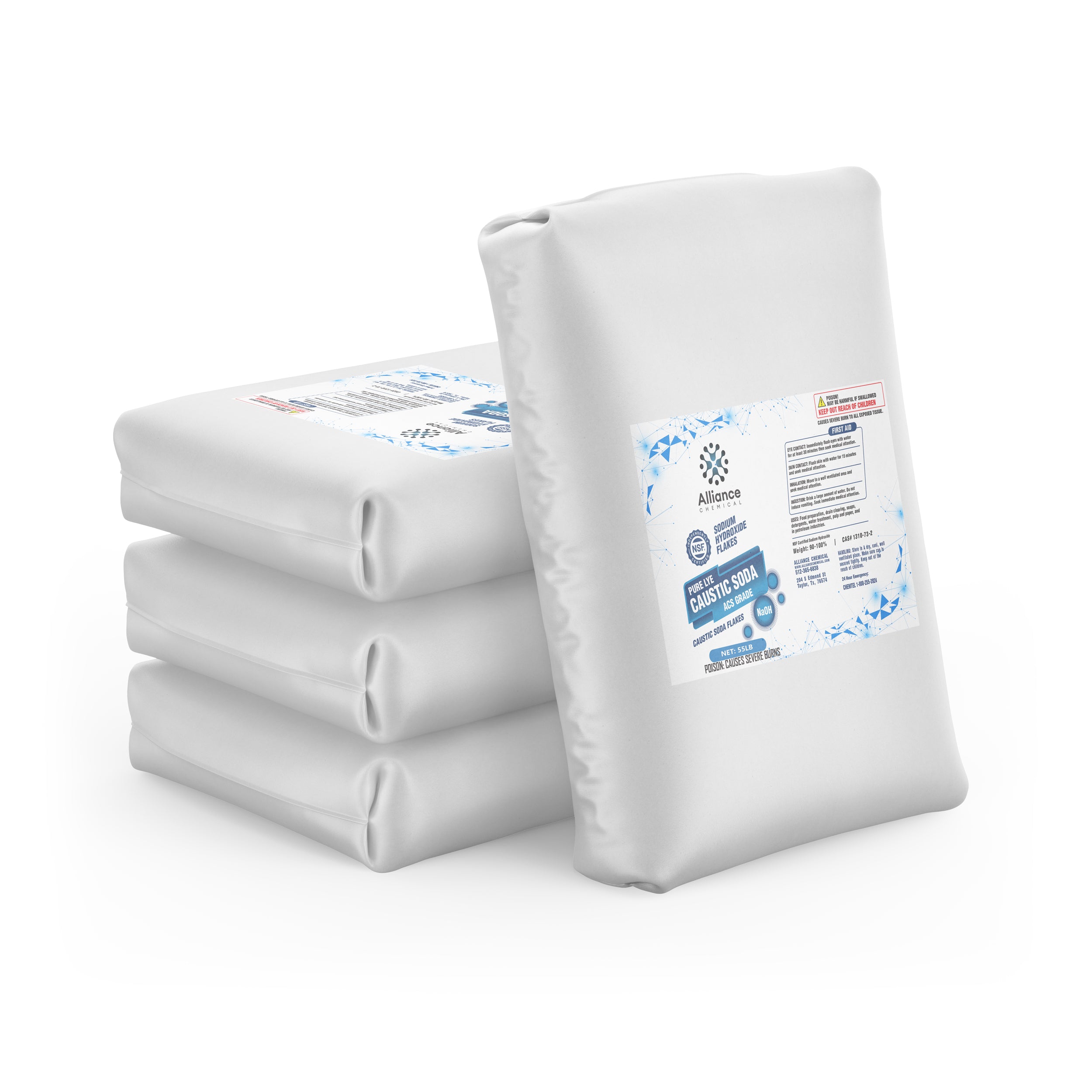 55lb bags of ACS-grade sodium hydroxide (caustic soda) flakes in white moisture-resistant packaging with Alliance Chemical branding and safety warnings.