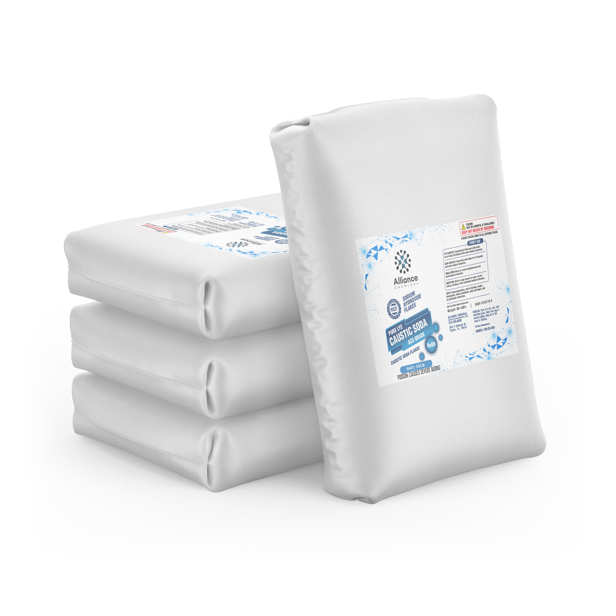 Four 55-lb bags of Alliance Chemical Sodium Hydroxide Flakes ACS Grade with labels and sealed closures.