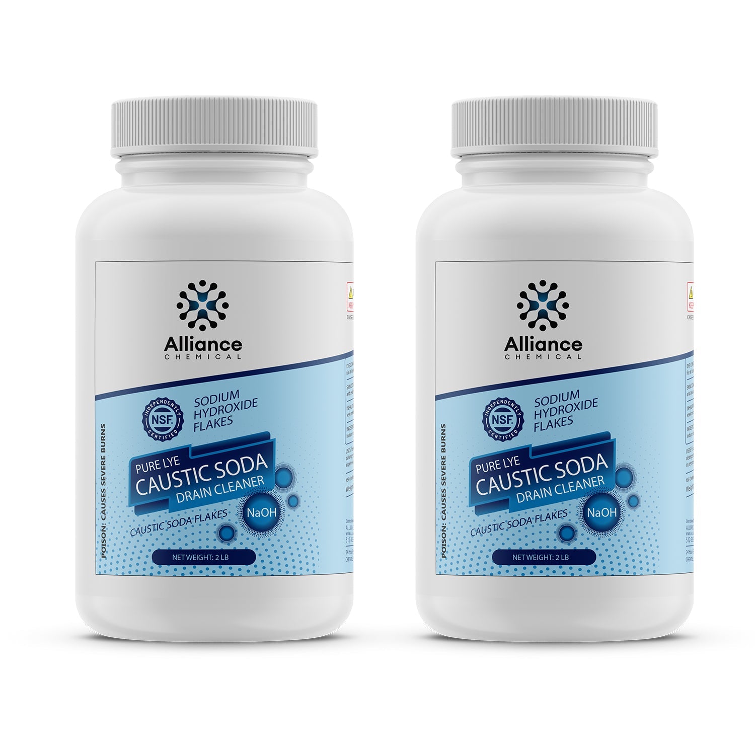 2lb NSF-certified sodium hydroxide (NaOH) flakes in white HDPE bottles, Alliance Chemical caustic soda drain cleaner, pure lye formula.