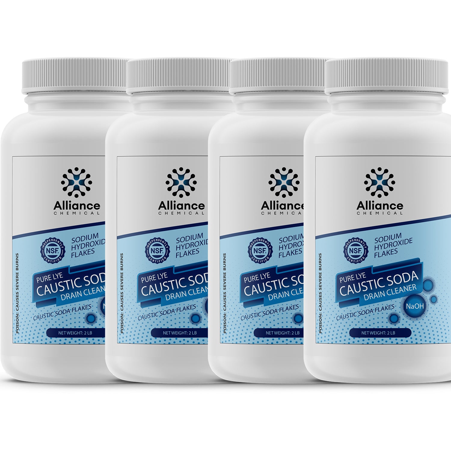 2lb Sodium Hydroxide Flakes, NSF-certified pure lye caustic soda drain cleaner in white HDPE containers with safety-sealed caps, NaOH formula, Alliance Chemical brand.