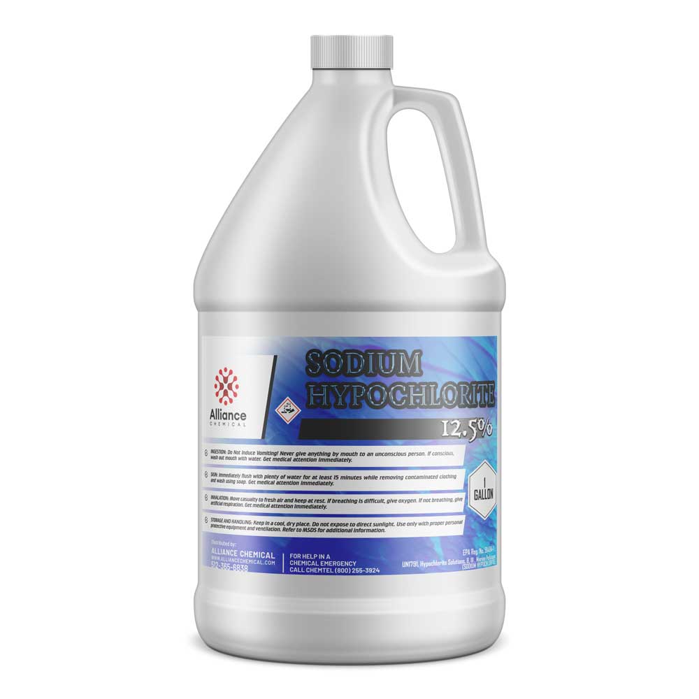 1-gallon HDPE container of Alliance Chemical 12.5% sodium hypochlorite solution with corrosive warning symbol and blue gradient label.