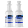 1-quart ribbed HDPE bottles of industrial 12.5% sodium hypochlorite solution with corrosive warning symbol and white safety caps.