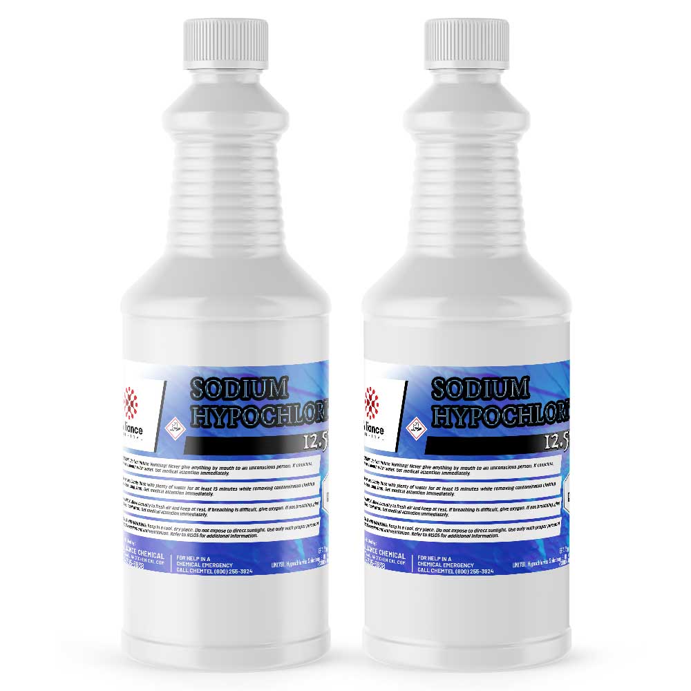 Two 1-quart plastic bottles of Alliance Chemical Sodium Hypochlorite 12.5% with white caps and product labels.