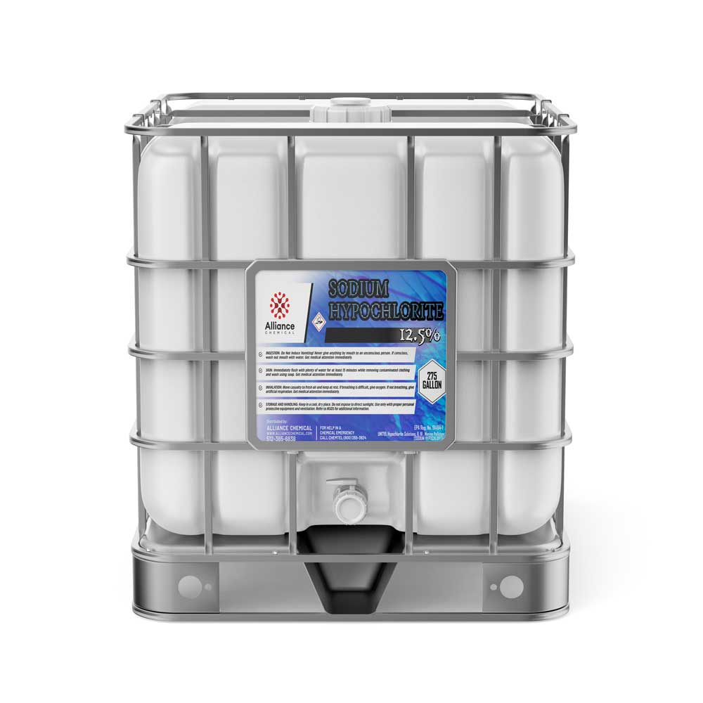 275-gallon IBC tote of 12.5% sodium hypochlorite solution with metal cage frame, hazard placards, and bottom discharge valve - Alliance Chemical.
