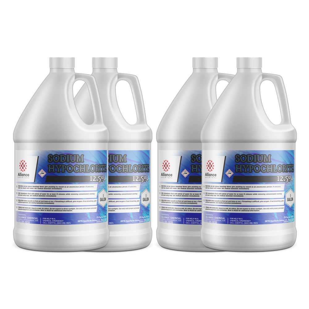 1-gallon HDPE jugs of 12.5% sodium hypochlorite solution, Alliance Chemical industrial bleach with hazard warning symbols, 4-pack set.