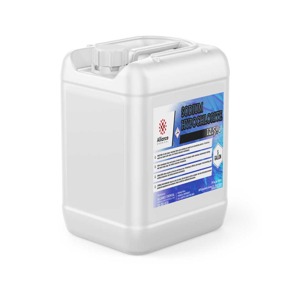 5-gallon white HDPE container of 12.5% sodium hypochlorite solution with Alliance Chemical branding, hazard warning symbol, and secure screw cap.