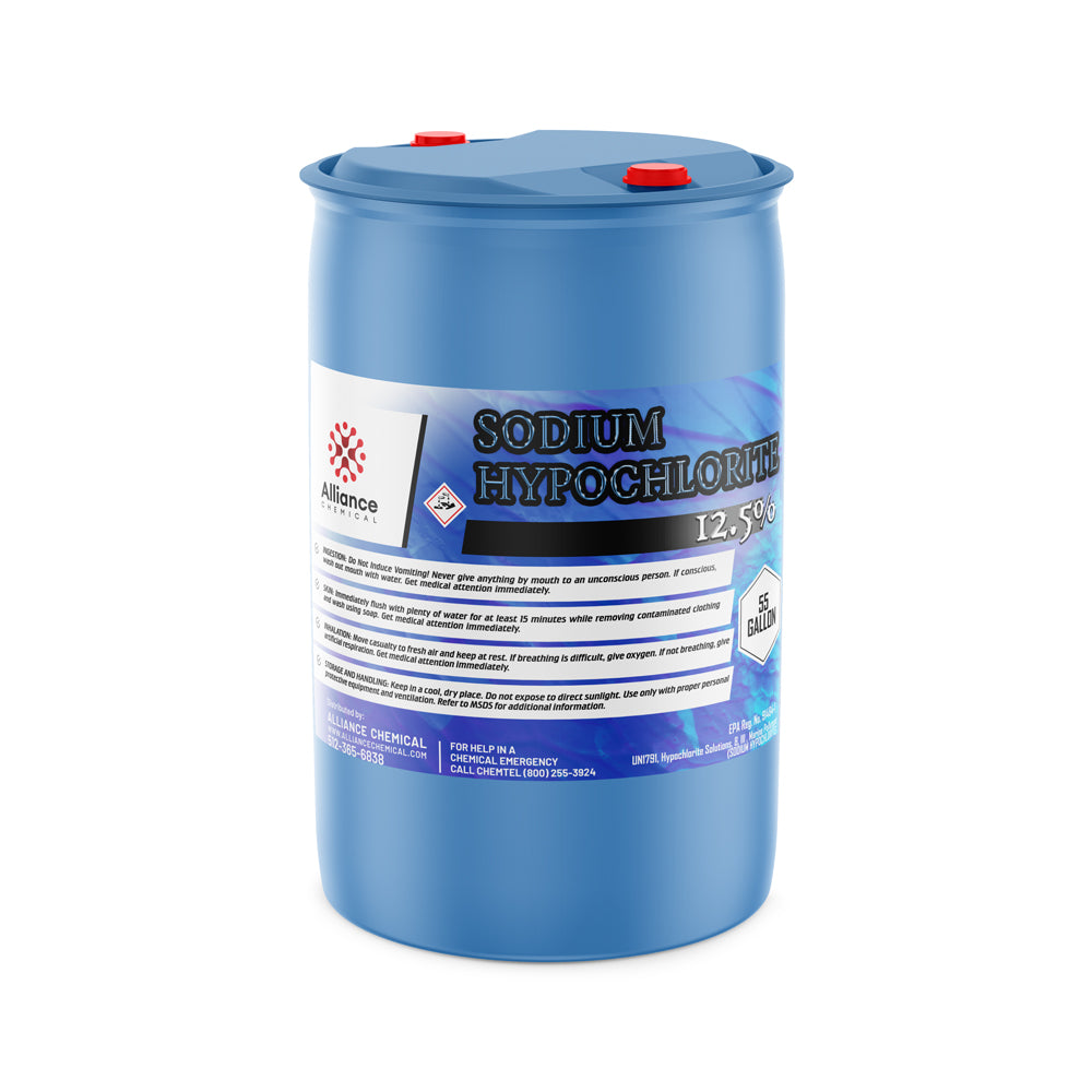 55-gallon blue HDPE drum of 12.5% sodium hypochlorite solution with hazard warning label, dual red caps, and Alliance Chemical branding.