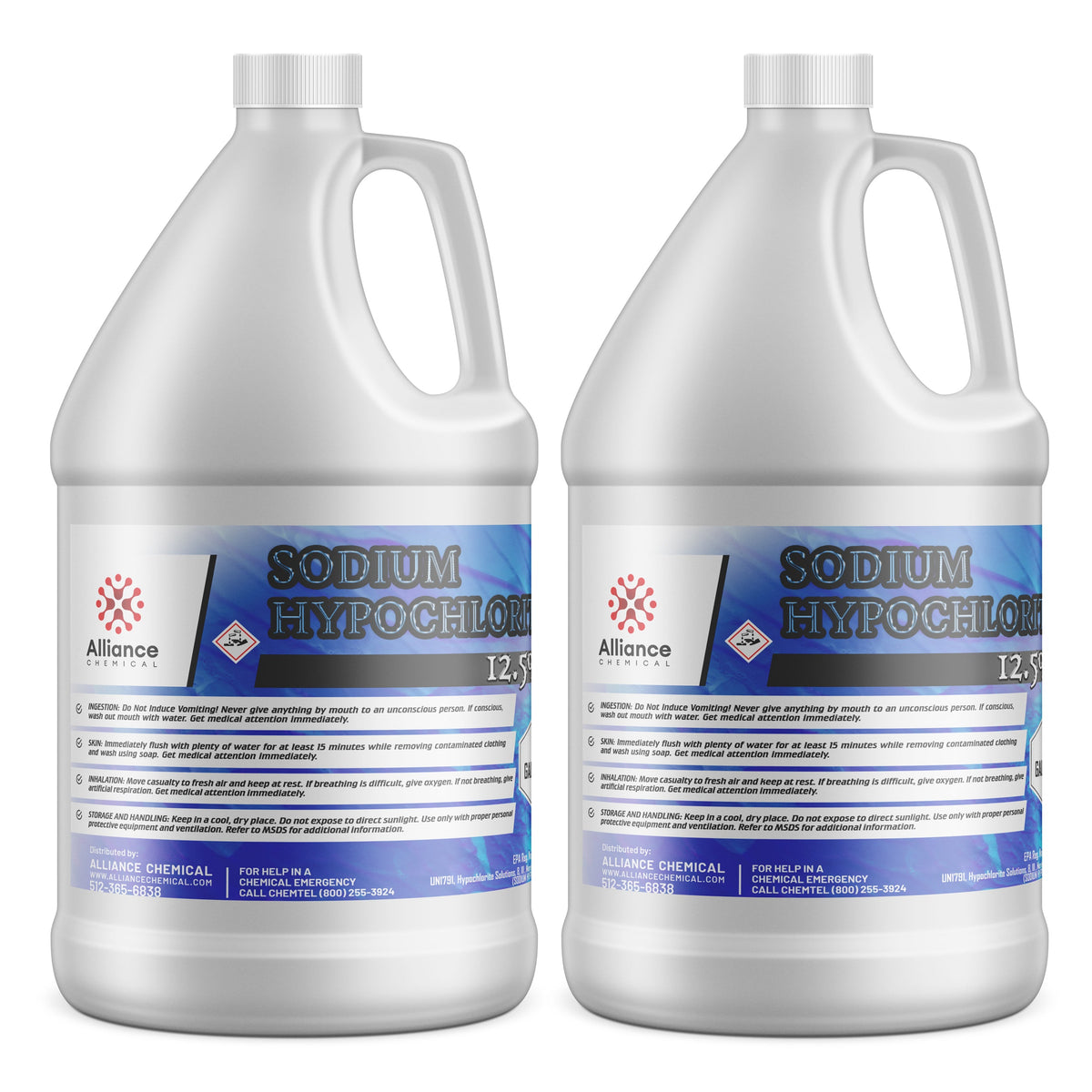 1-gallon HDPE jugs of Alliance Chemical 12.5% sodium hypochlorite solution, hazmat symbols, and blue gradient labeling