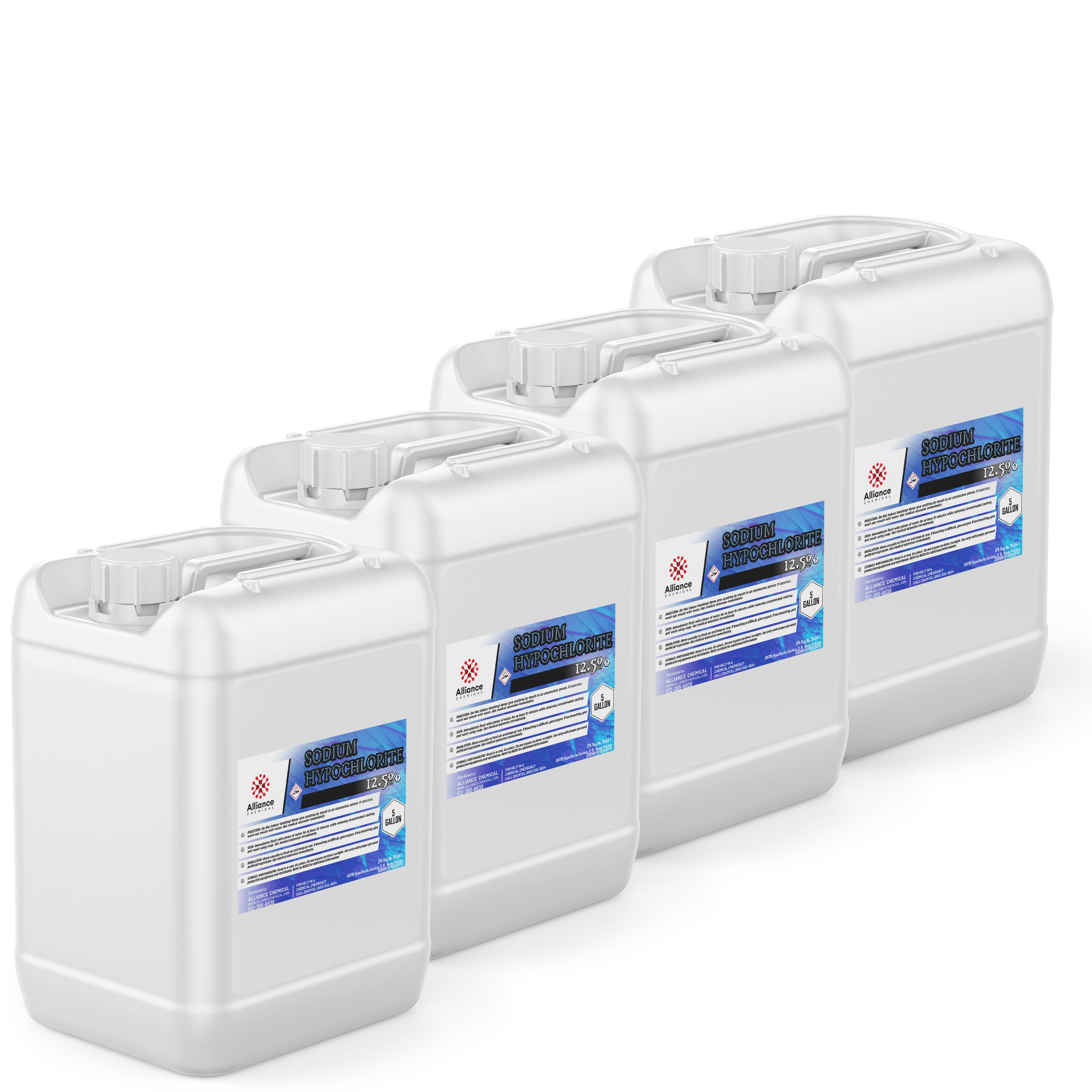 20L white HDPE containers of 12.5% sodium hypochlorite solution, industrial-grade bleach with UN hazard labels, chemical warning symbols, and secure screw caps.
