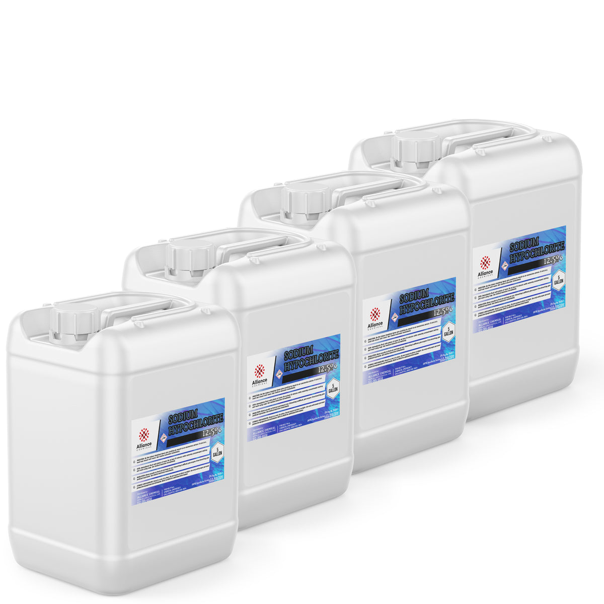 Four 5-gallon HDPE jugs of Alliance Chemical Sodium Hypochlorite 12.5% with white caps, handles, and labels