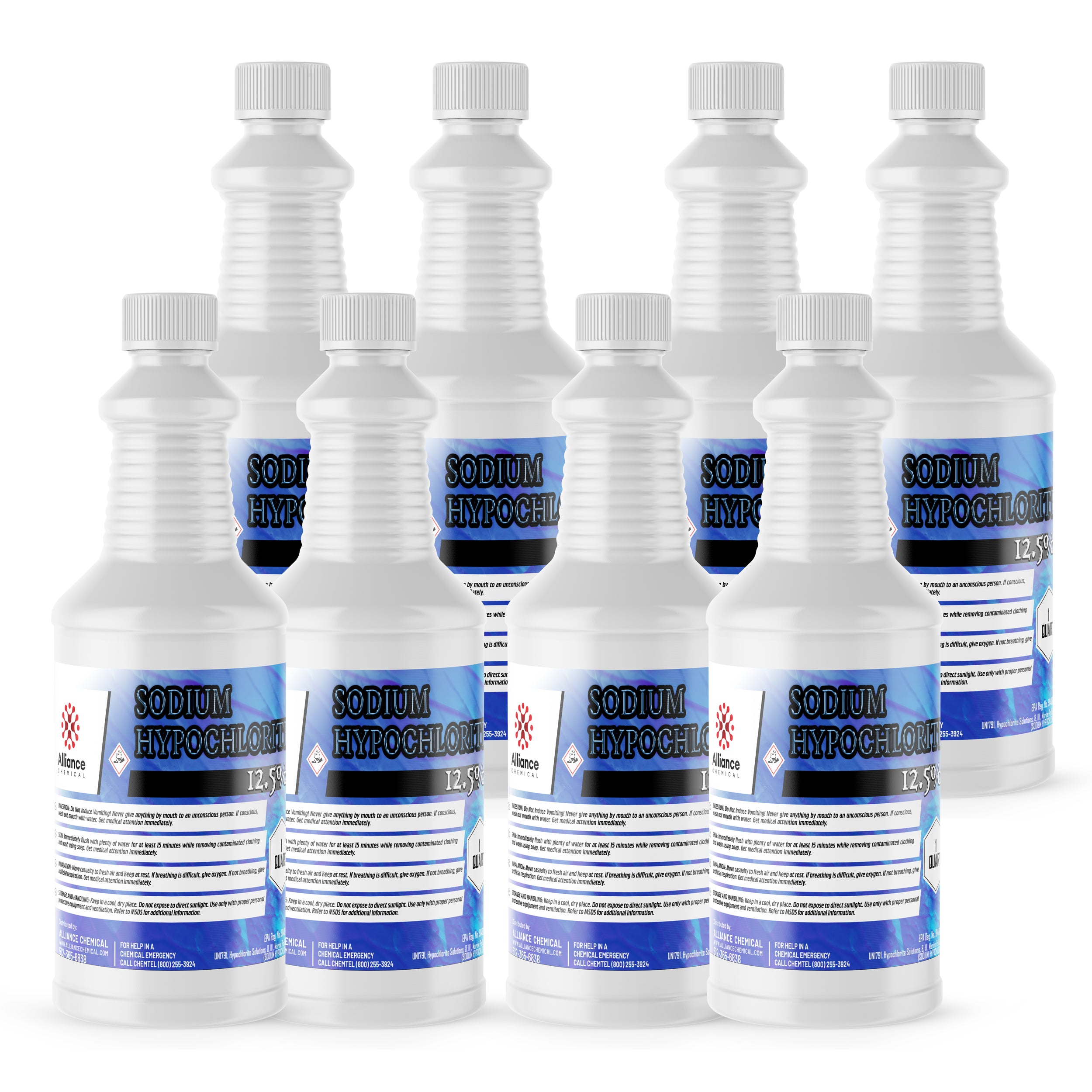 1-quart bottles of 12.5% sodium hypochlorite solution in white HDPE containers with blue labels, corrosive warning symbols, and child-resistant caps.